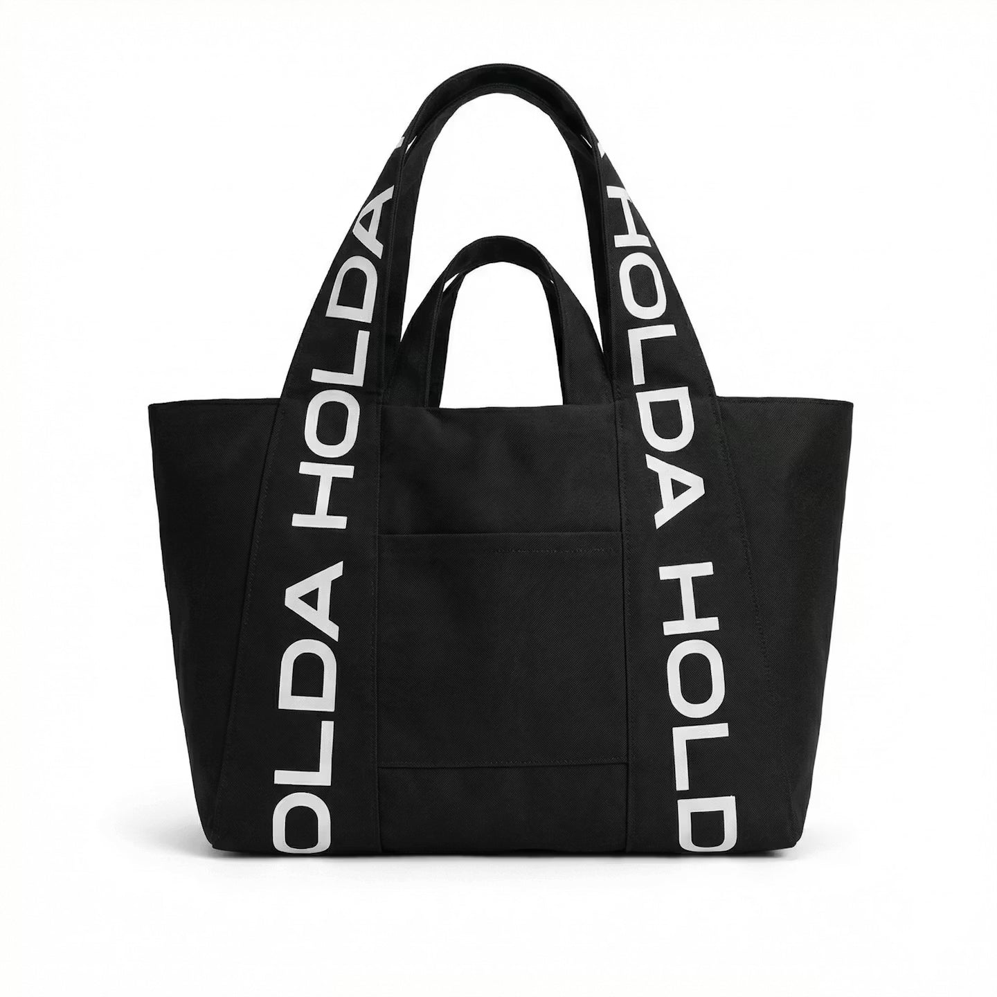 Black tote bag with 'HOLDA' branding on a white background