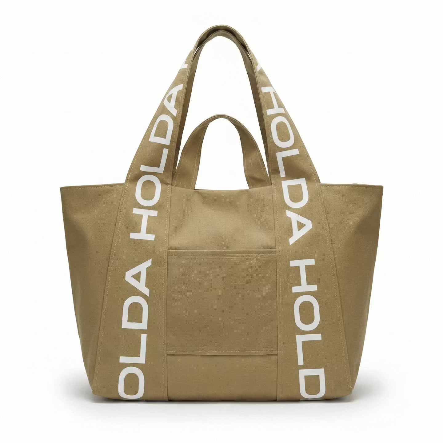 Beige tote bag with 'HOLDA' branding on a white background
