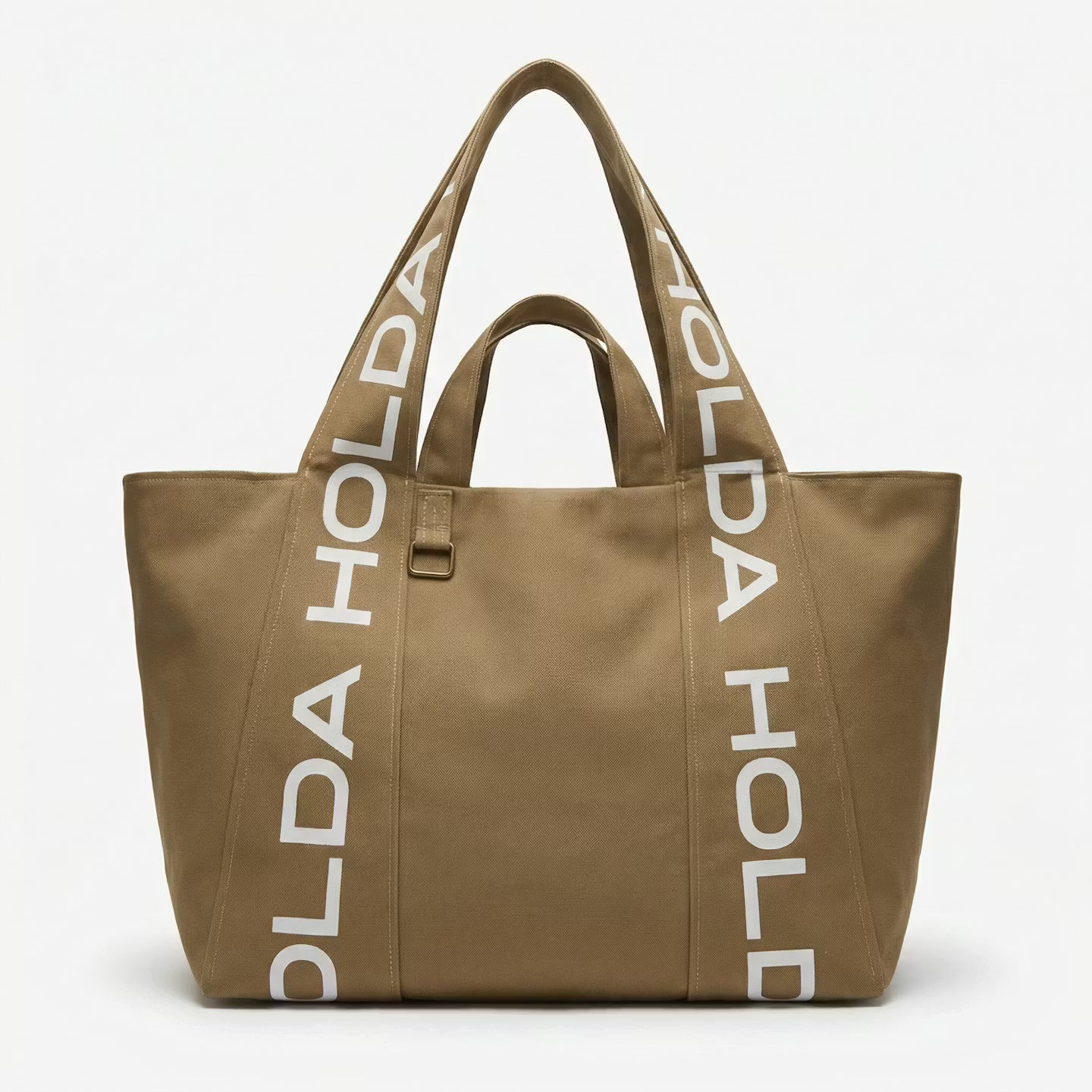 Brown tote bag with 'HOLDA' branding on a white background