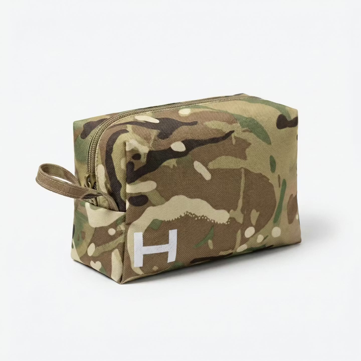 Camouflage toiletry bag with a visible brand logo on a white background