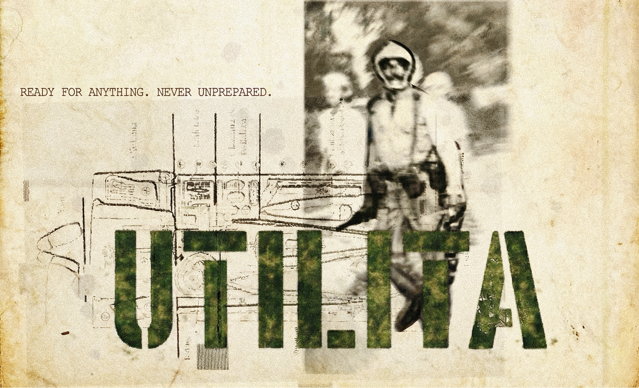 Vintage-style advertisement for 'Utilita' with a person holding a gun and text on a textured background.