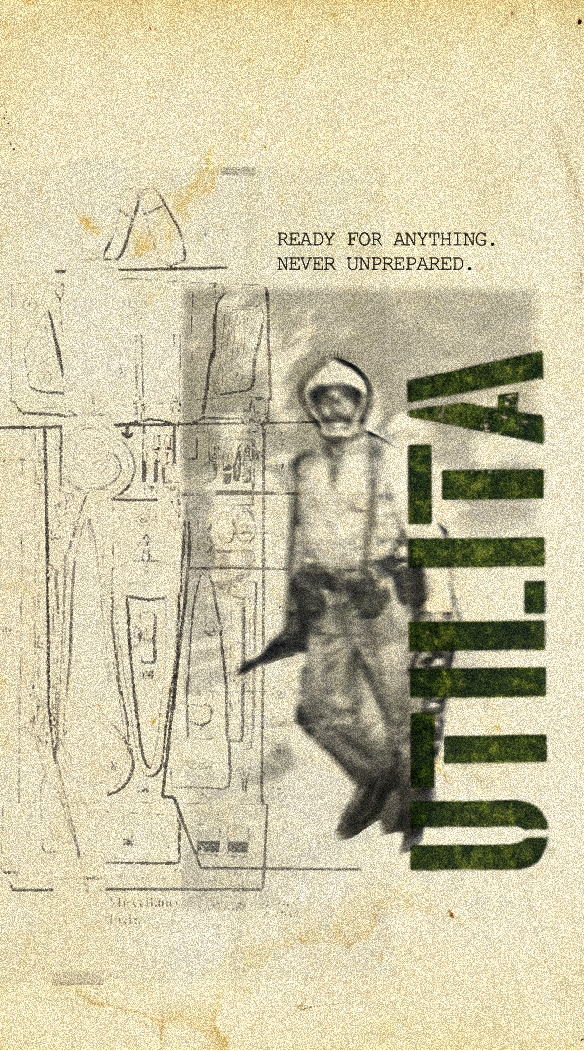 Vintage-style poster with text 'Ready for anything, never unprepared.' featuring a person holding a gun.